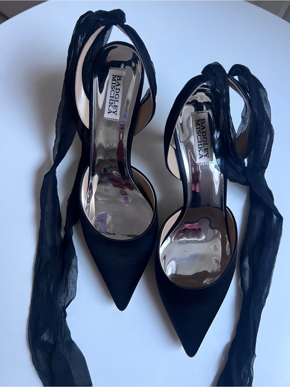 Badgley Mischka Black Satin Pointed Toe Ankle Tie Pumps with Metallic Insole